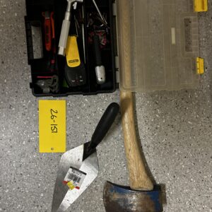 26-151 Axe, trowel and toolbox with various items